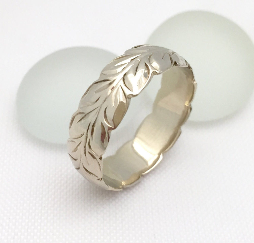 Hawaiian Ring - Hand Engraved 14k White Gold Barrel Ring (6mm width, Barrel style) - Aolani Hawaii - 2