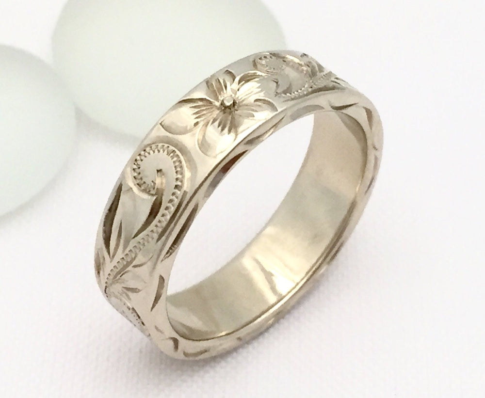 14K Gold Traditional Hawaiian Hand Engraved Ring (6mm Width 2mm Thickness Flat ) - Aolani Hawaii - 2
