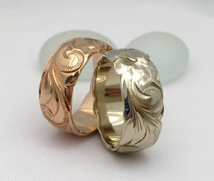 Hawaiian Ring - Hand Engraved 14k White & Pink Rose Gold Barrel Ring (8mm width, Barrel style) - Aolani Hawaii - 2