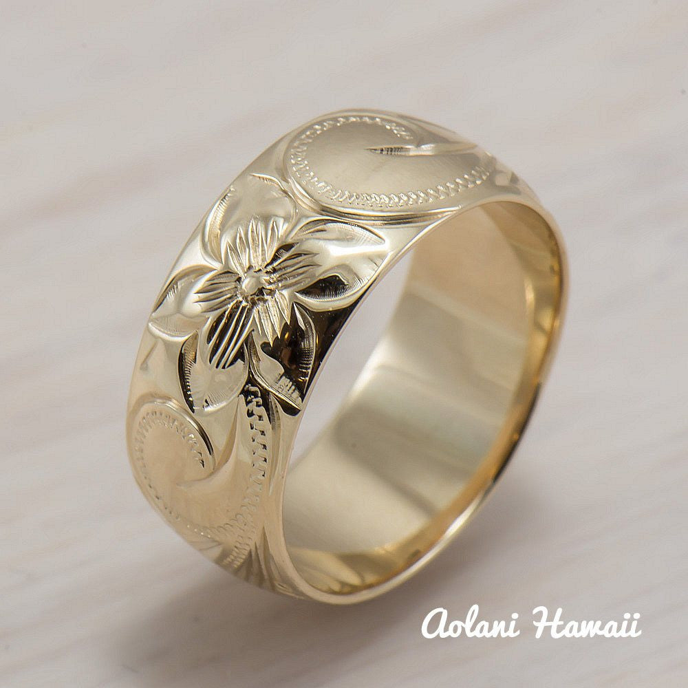 14K Gold traditional Hawaiian Hand Engraved Ring 8mm Width Barrel - Aolani Hawaii - 1