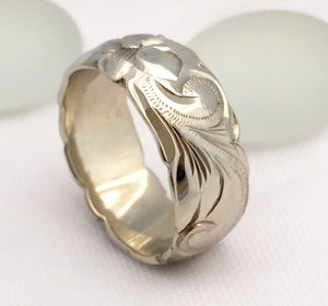 Hawaiian Ring - Hand Engraved 14k White & Pink Rose Gold Barrel Ring (8mm width, Barrel style) - Aolani Hawaii - 4
