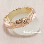 Traditional Hawaiian Hand Engraved 14k Two Tone Gold Ring (Barrel style) - Aolani Hawaii - 1