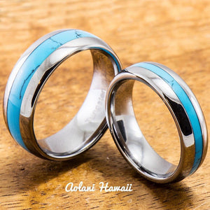 Wedding Band Set of Tungsten Rings with Turquoise Inlay (6mm & 8mm width, Barrel Style) - Aolani Hawaii - 1