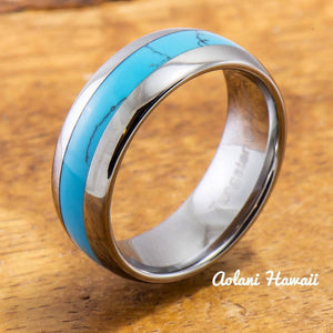 Wedding Band Set of Tungsten Rings with Turquoise Inlay (6mm & 8mm width, Barrel Style) - Aolani Hawaii - 2