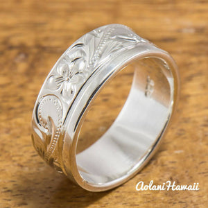 Silver Wedding Ring Set of Traditional Hawaiian Hand Engraved Sterling Silver Flat Rings (8mm & 6mm width) - Aolani Hawaii - 2