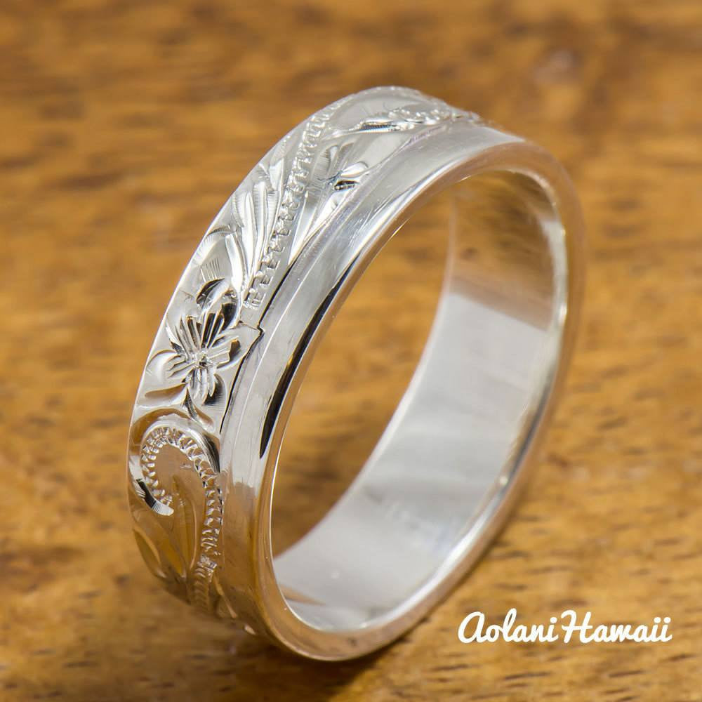 Silver Wedding Ring Set of Traditional Hawaiian Hand Engraved Sterling Silver Flat Rings (8mm & 6mm width) - Aolani Hawaii - 3