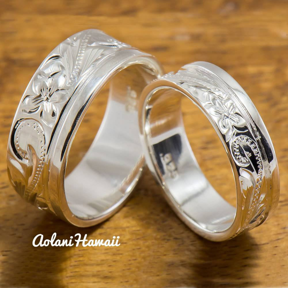 Silver Wedding Ring Set of Traditional Hawaiian Hand Engraved Sterling Silver Flat Rings (8mm & 6mm width) - Aolani Hawaii - 1