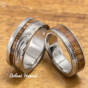 Titanium Wedding Ring Set with Hawaiian Koa Wood Inlay (6mm - 8mm Width, Flat Style) - Aolani Hawaii - 1