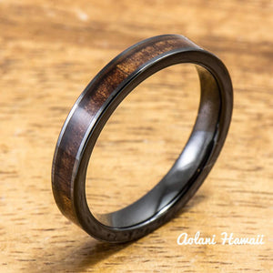 Wedding Band Set of Ceramic Rings with Hawaiian Koa Wood Inlay (4mm & 8mm width, Flat Style ) - Aolani Hawaii - 3