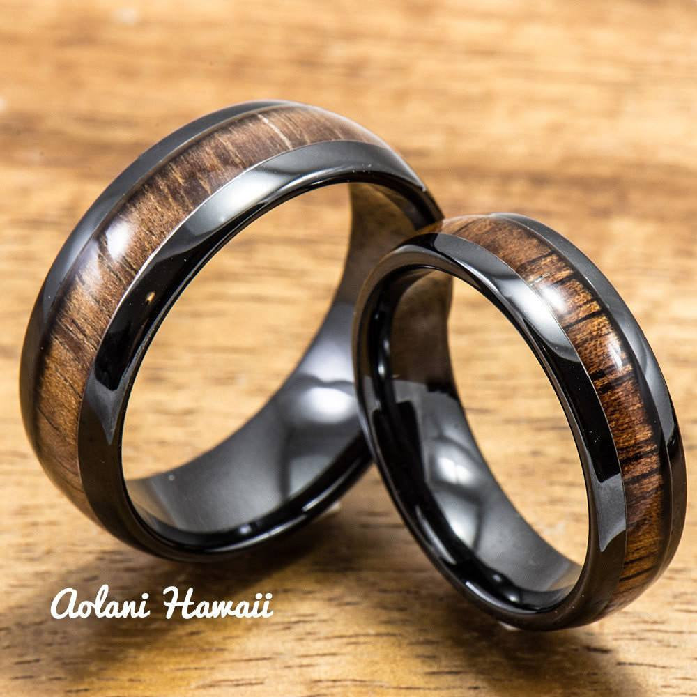 
            
                Load image into Gallery viewer, Wedding Ring Set - Black Ceramic Ring with Koa Wood Inlay (6mm &amp;amp; 8 mm width, Barrel Style) - Aolani Hawaii - 1
            
        