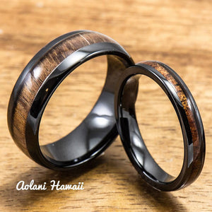 Black Wedding Ring Set - Black Ceramic Ring with Koa Wood Inlay (4mm & 8 mm width, Barrel Style) - Aolani Hawaii - 1