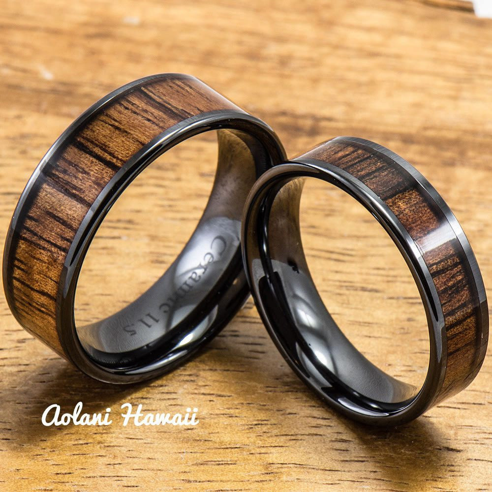 Wedding Band Set of Ceramic Rings with Hawaiian Koa Wood Inlay (6mm & 8mm width, Flat Style ) - Aolani Hawaii - 1