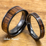 Wedding Band Set of Ceramic Rings with Hawaiian Koa Wood Inlay (4mm & 8mm width, Flat Style ) - Aolani Hawaii - 1