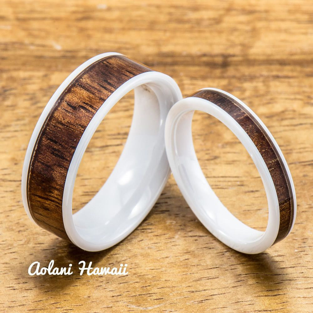 
            
                Load image into Gallery viewer, Wedding Band Set of Ceramic Rings with Hawaiian Koa Wood Inlay (4mm &amp;amp; 8mm width, Flat Style ) - Aolani Hawaii - 1
            
        