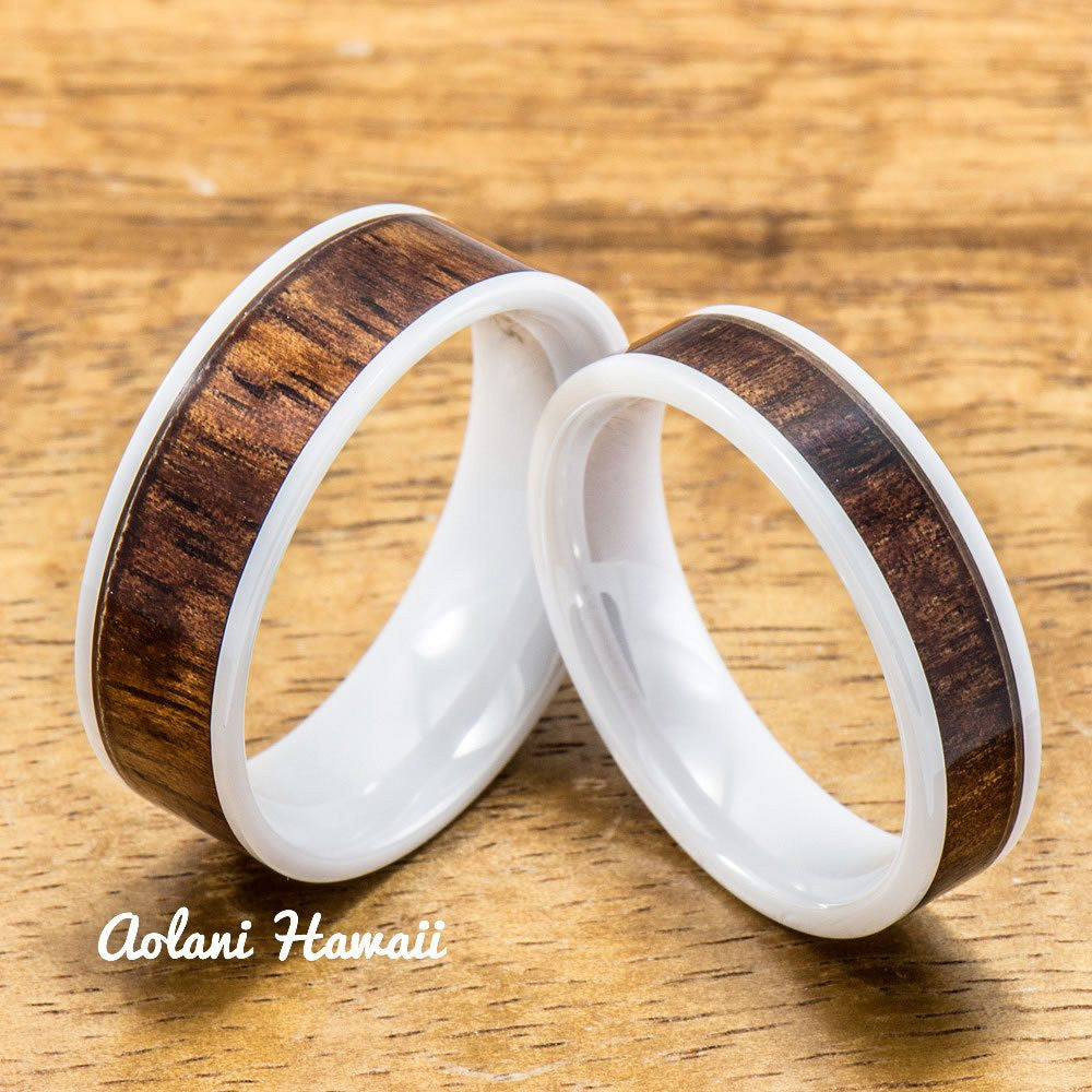 
            
                Load image into Gallery viewer, Wedding Band Set of Ceramic Rings with Hawaiian Koa Wood Inlay (6mm &amp;amp; 8mm width, Flat Style ) - Aolani Hawaii - 1
            
        