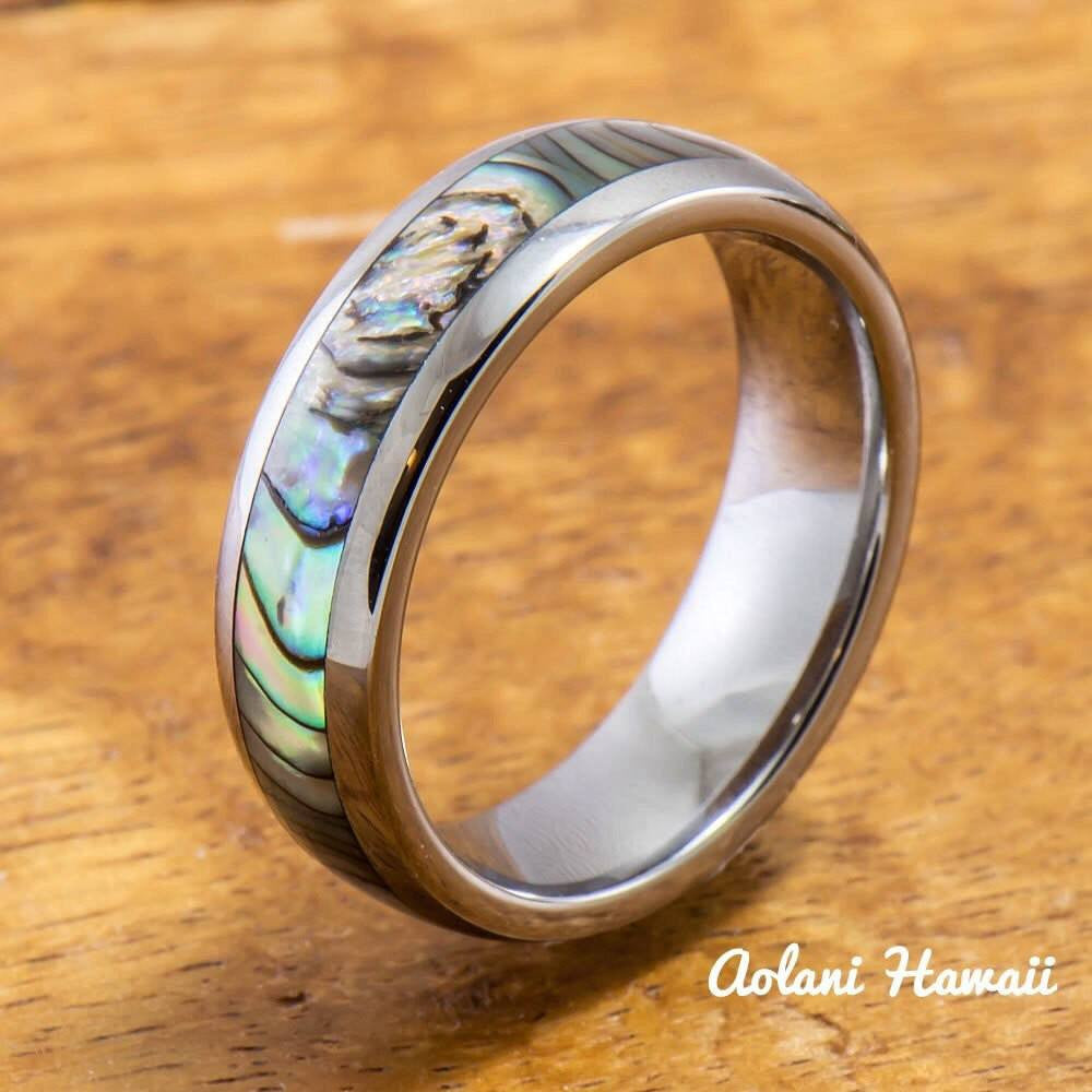 Tungsten Wedding Band Set with Mother of Pearl Abalone Inlay (4mm - 6mm Width) - Aolani Hawaii - 2