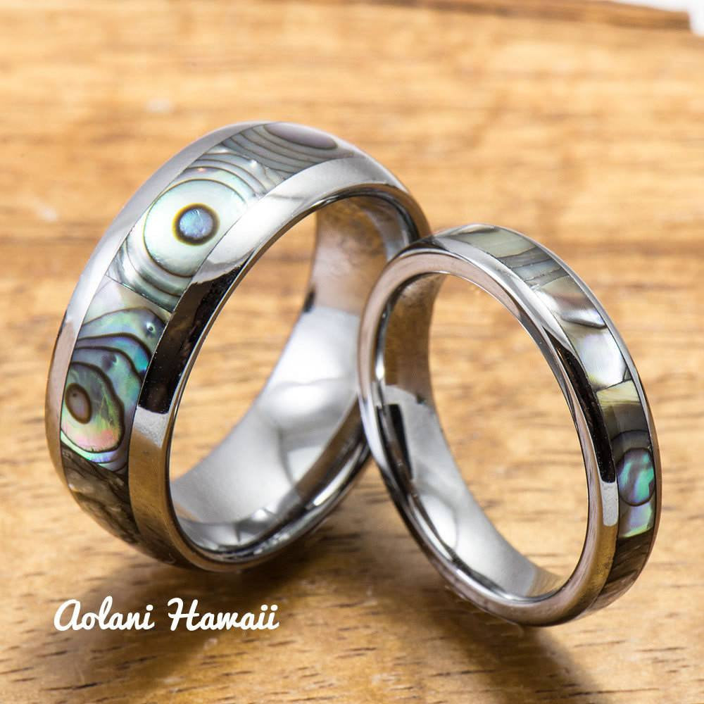 Tungsten Wedding Band Set with Mother of Pearl Abalone Inlay (4mm - 8mm Width) - Aolani Hawaii - 1