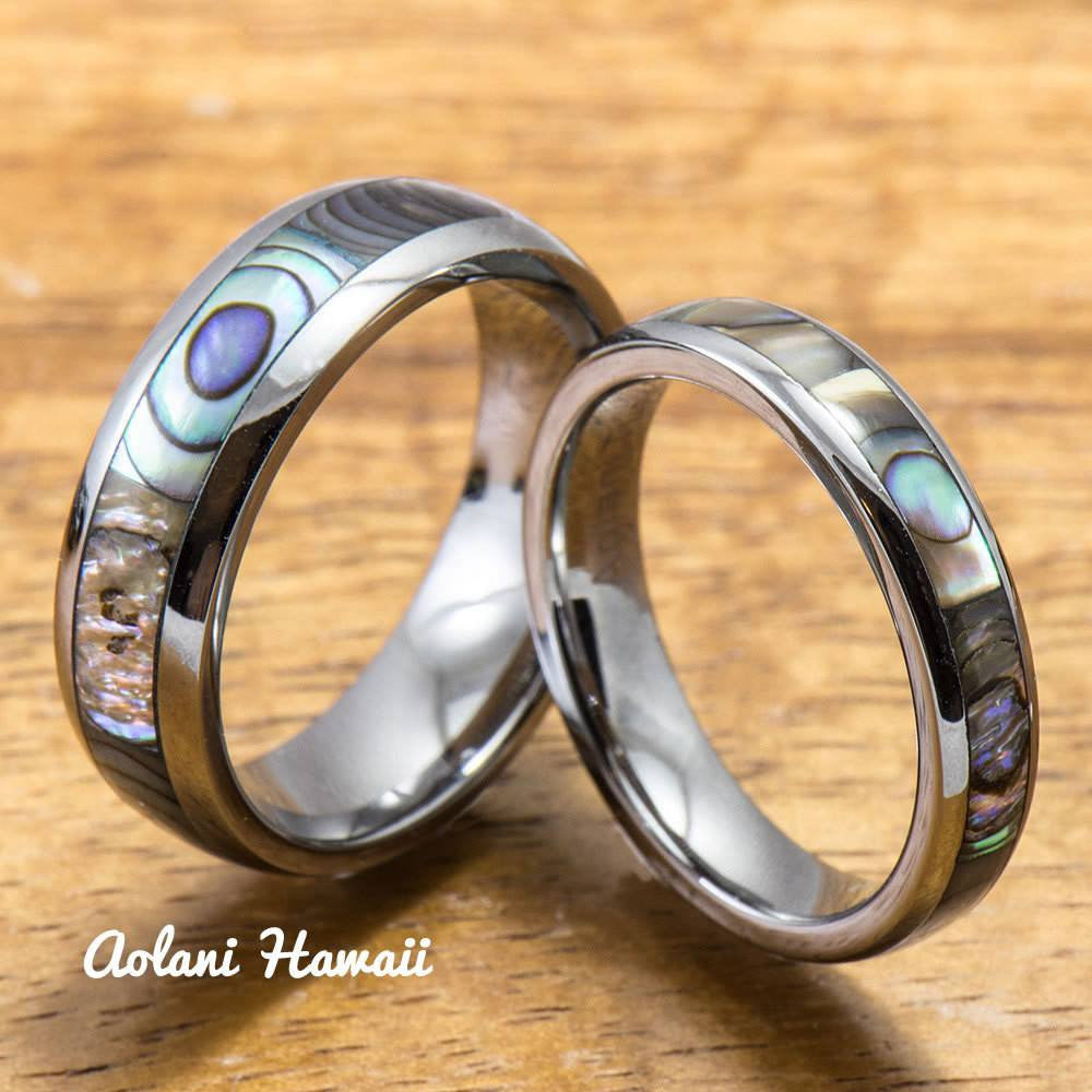 Tungsten Wedding Band Set with Mother of Pearl Abalone Inlay (4mm - 6mm Width) - Aolani Hawaii - 1