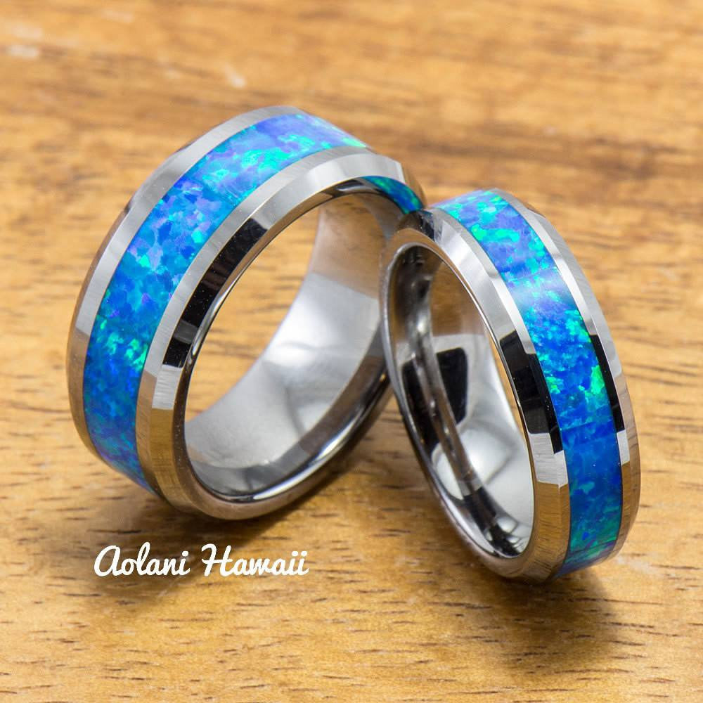 Wedding Band Set of Tungsten Rings with Opal Inlay (6mm & 8mm width, Flat Style) - Aolani Hawaii - 1