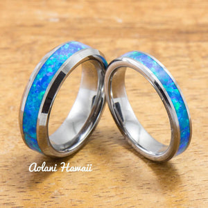 Wedding Band Set of Tungsten Rings with Opal Inlay (6mm & 4mm width, Flat Style) - Aolani Hawaii - 1