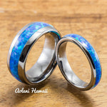 Wedding Band Set of Tungsten Rings with Opal Inlay (8mm & 4mm width, Barrel Style) - Aolani Hawaii - 1