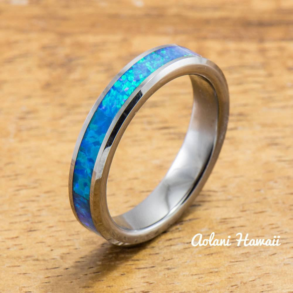 Wedding Band Set of Tungsten Rings with Opal Inlay (6mm & 4mm width, Flat Style) - Aolani Hawaii - 3