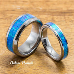 Wedding Band Set of Tungsten Rings with Opal Inlay (8mm & 4mm width, Flat Style) - Aolani Hawaii - 1