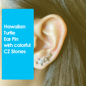 Hawaiian Turtle Silver Ear Pin with CZ Stones