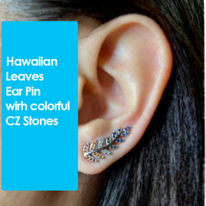Silver Hawaiian Leaf Ear Pin with CZ Stones