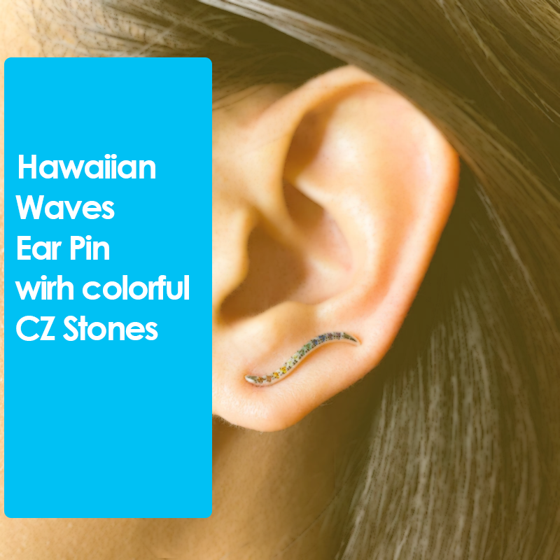 Silver Hawaiian Waves Ear Pin with CZ Stones