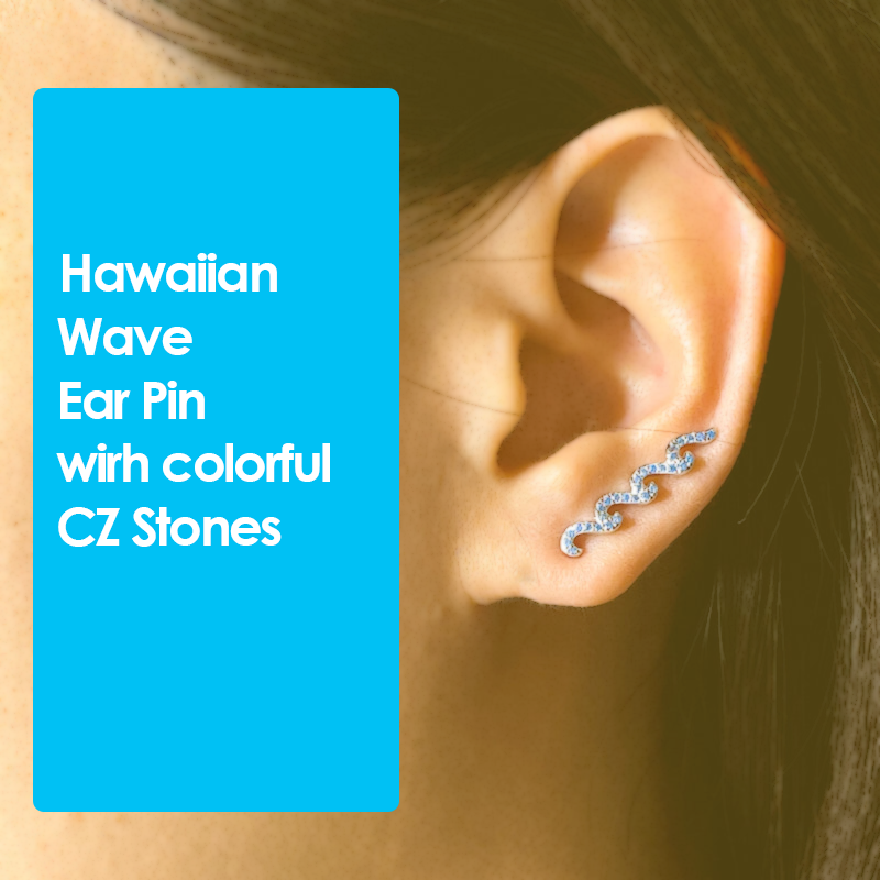 Hawaiian Wave Silver Ear Pin with CZ Stones