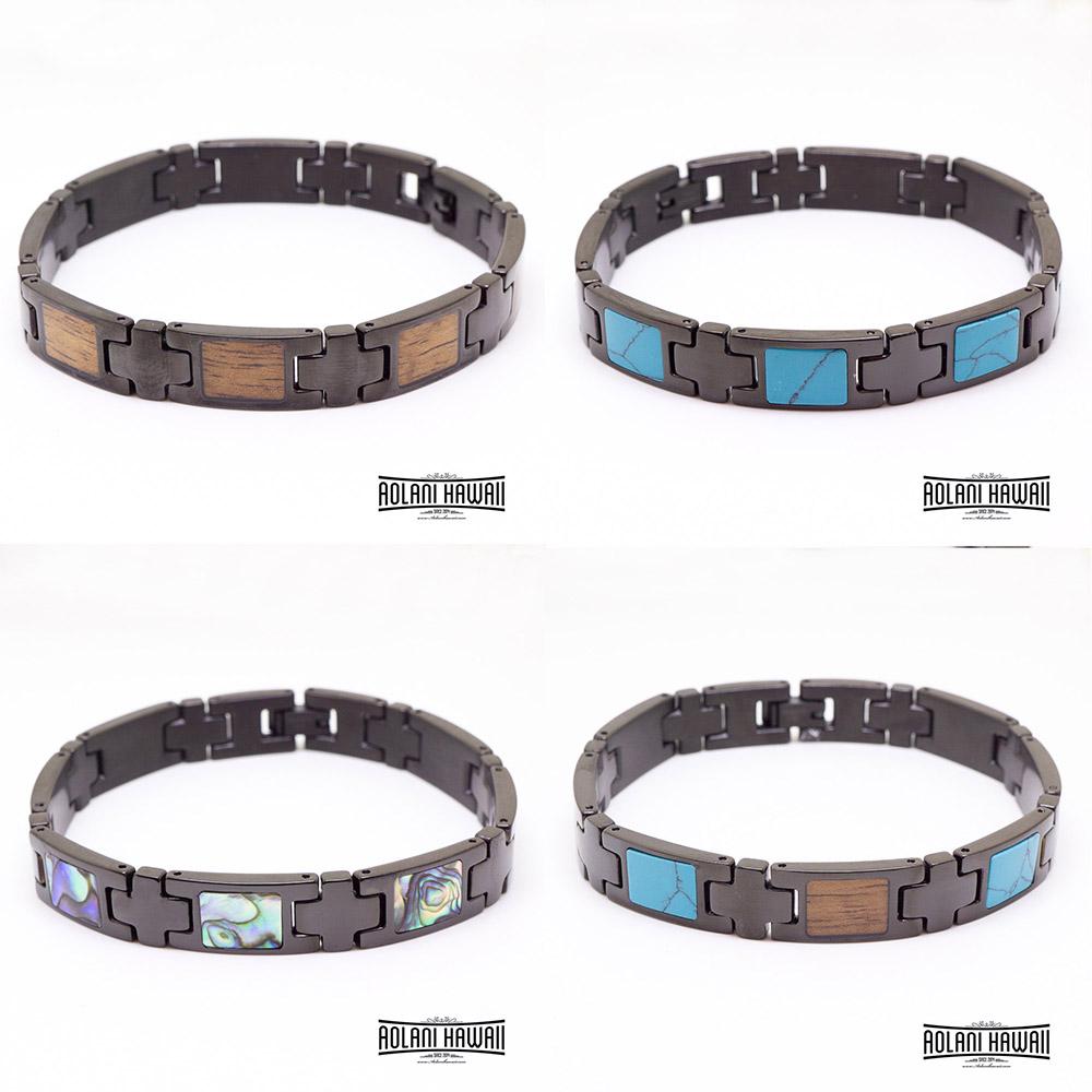 Koa Wood Abalone Ion Plated Black Stainless Steel Bracelet