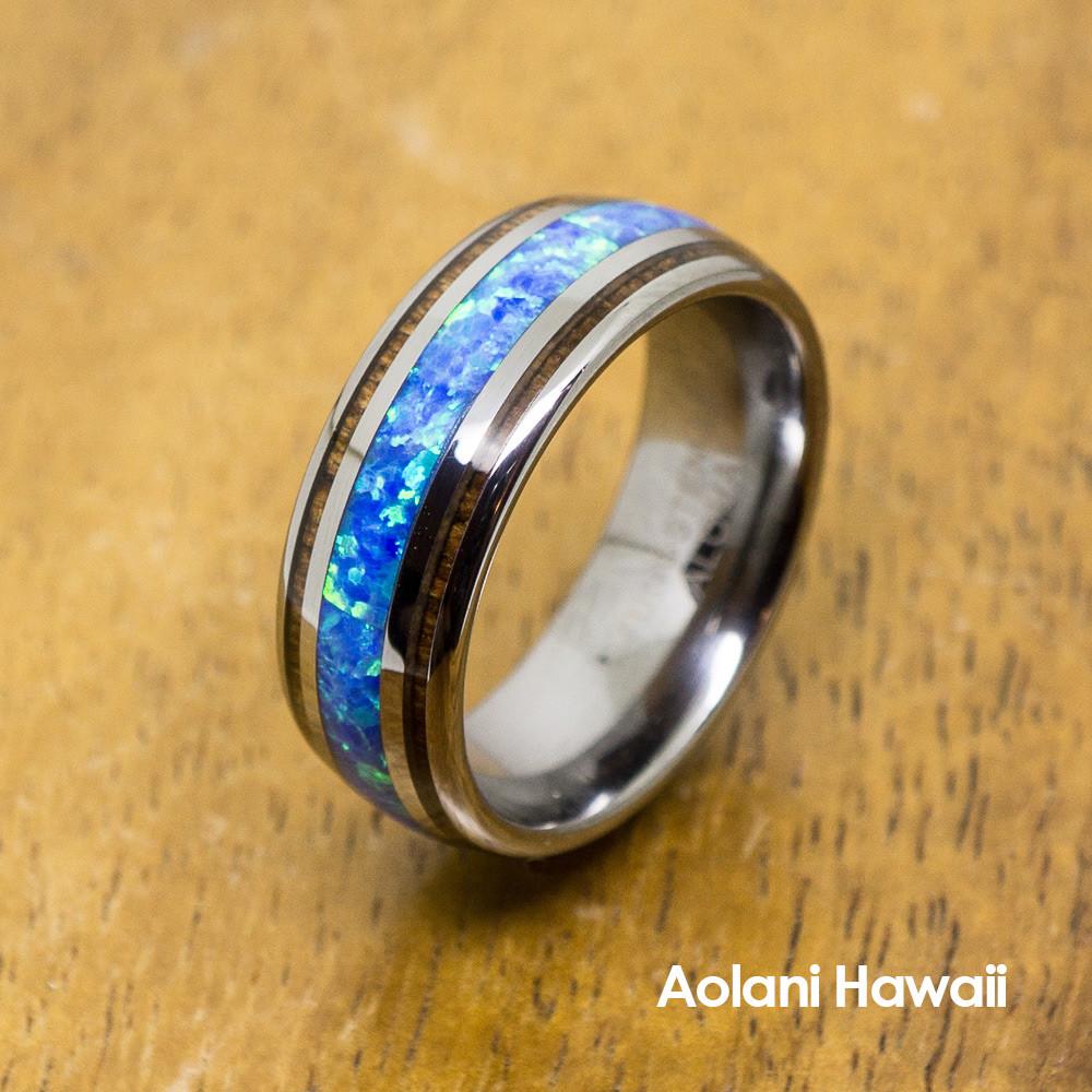 Tungsten Opal Ring With Koa Wood Inlay (8mm Width, Barrel style)