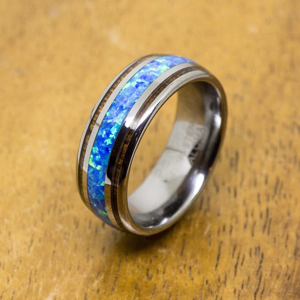 
            
                Load image into Gallery viewer, Tungsten Opal Ring With Koa Wood Inlay (8mm Width, Barrel style)
            
        