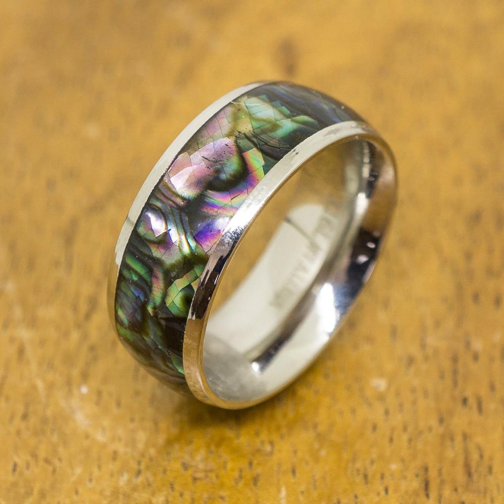 Abalone Stainless Steel Ring (8mm width, Barrel Style)