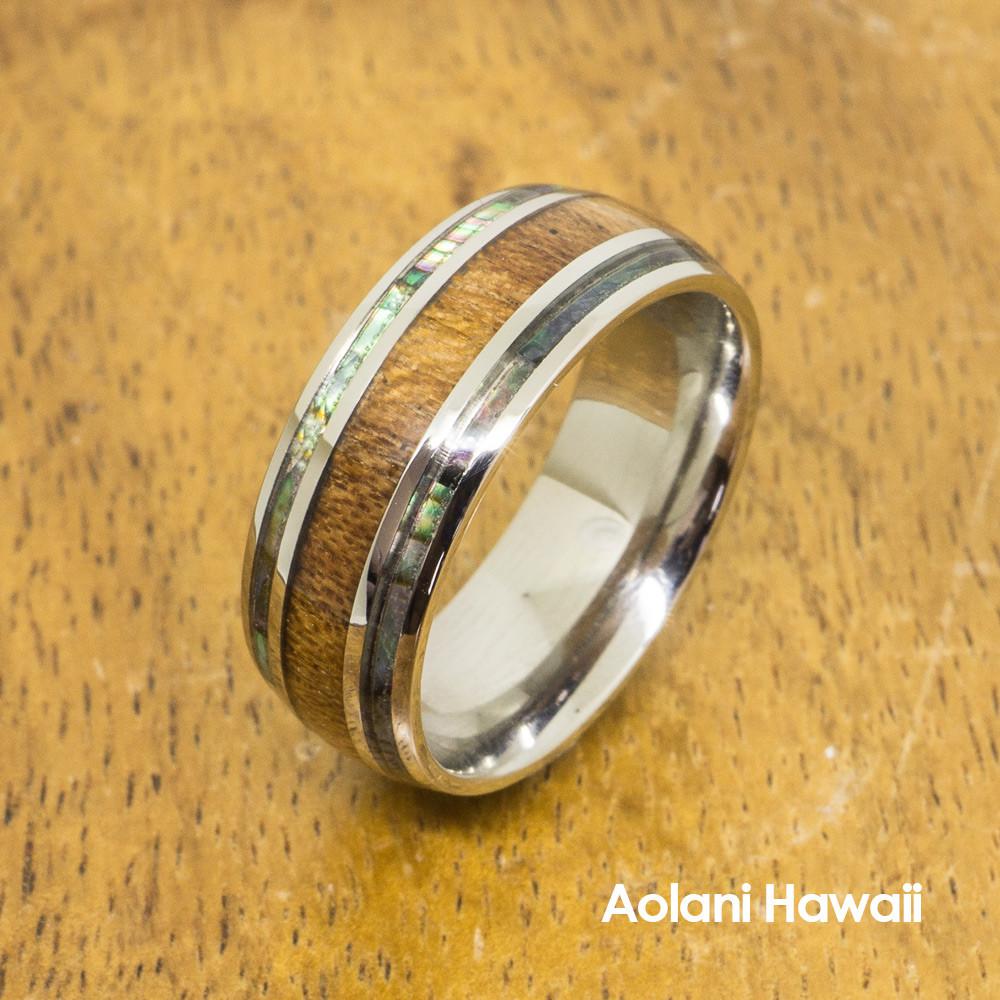 Abalone Koa Wood Stainless Steel Ring (8mm width, Barrel Style)
