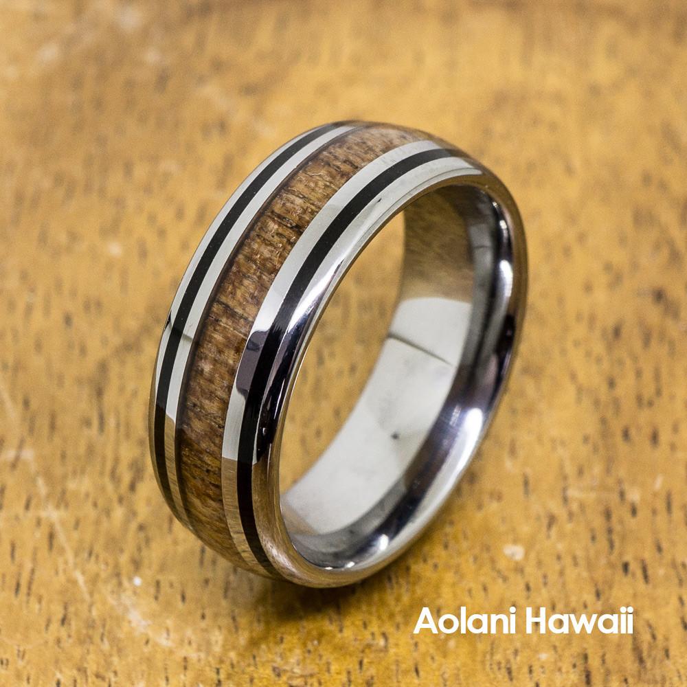 Tungsten Koa Wood with Black Stripe Inlay (8mm Width, Barrel style)