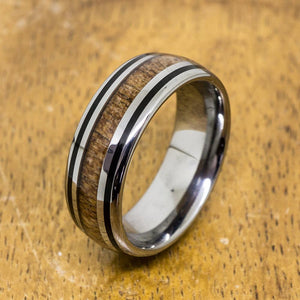 Tungsten Koa Wood with Black Stripe Inlay (8mm Width, Barrel style)