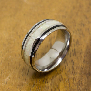 
            
                Load image into Gallery viewer, White Opal Stainless Steel Ring (8mm width, Barrel Style)
            
        