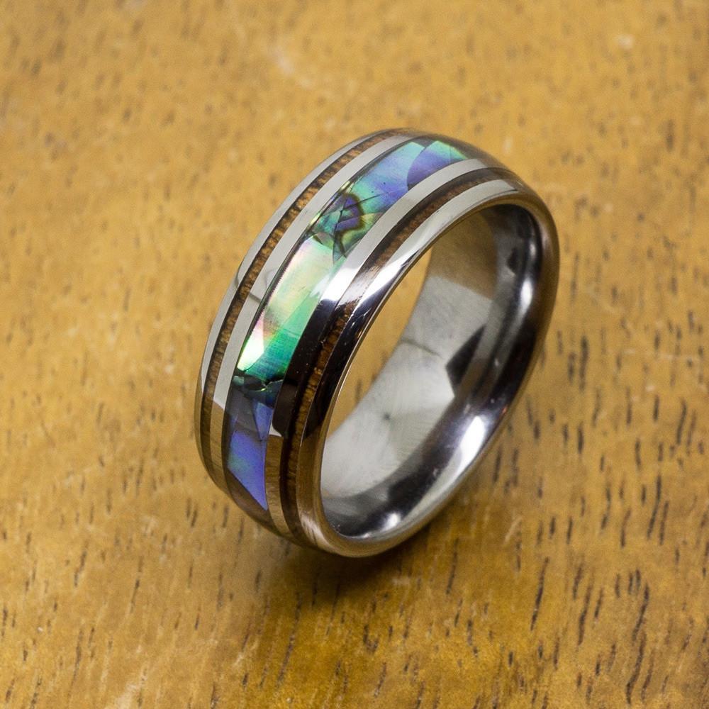 Abalone Tungsten Ring With Koa Wood Inlay (8mm Width, Barrel style)