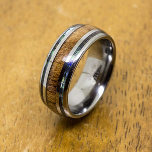 Tungsten Abalone Ring With Koa Wood Inlay (8mm Width, Barrel style)