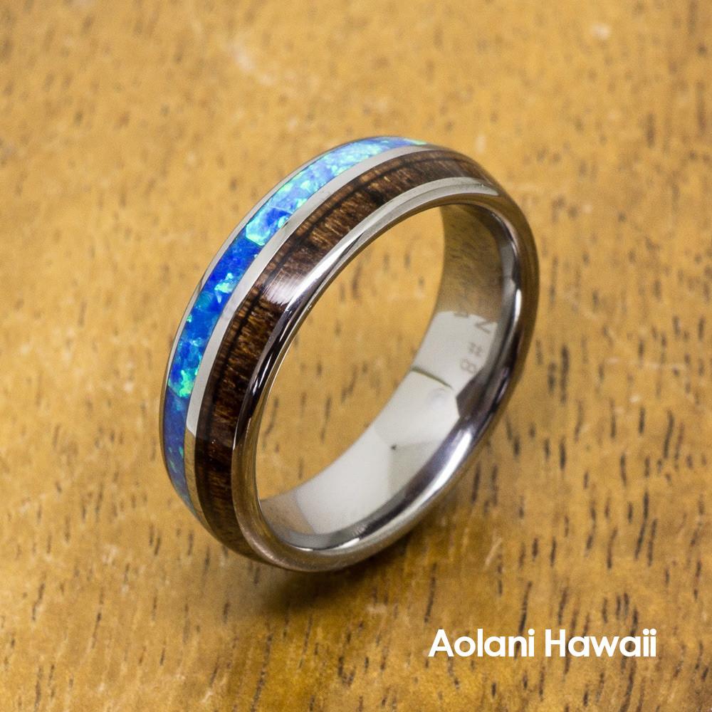 Koa Wood Opal Inlay Tungsten Ring (6mm - 8mm Width, Barrel style)