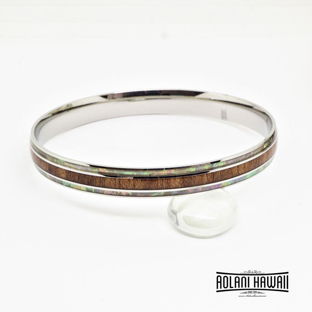 Mother of Pearl Koa Wood Bracelet in Stainless Steel (8mm - 10mm width)