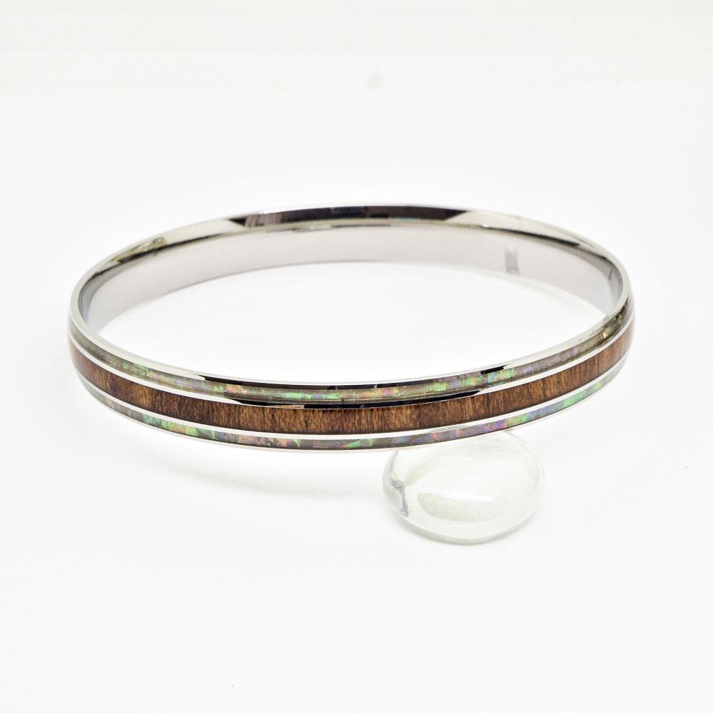 Mother of Pearl Koa Wood Bracelet in Stainless Steel (8mm - 10mm width)