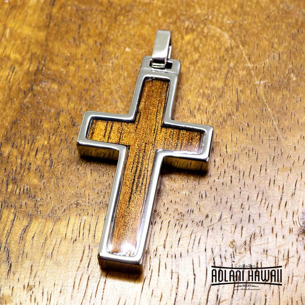 Cross pendant with Koa Wood handmade with Tungsten Carbide (27mm X 47mm, FREE Stainless Chain Included)