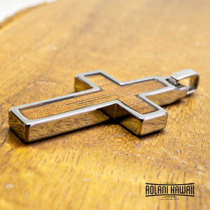 Cross pendant with Koa Wood handmade with Tungsten Carbide (27mm X 47mm, FREE Stainless Chain Included)