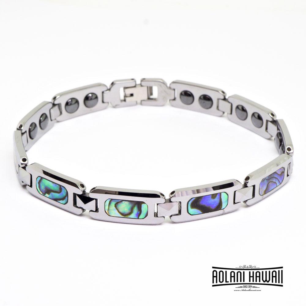 Tungsten Link Bracelet with Abalone Mother of Pearl Abalone Shell Inlay (8mm width, 9" inch in length)
