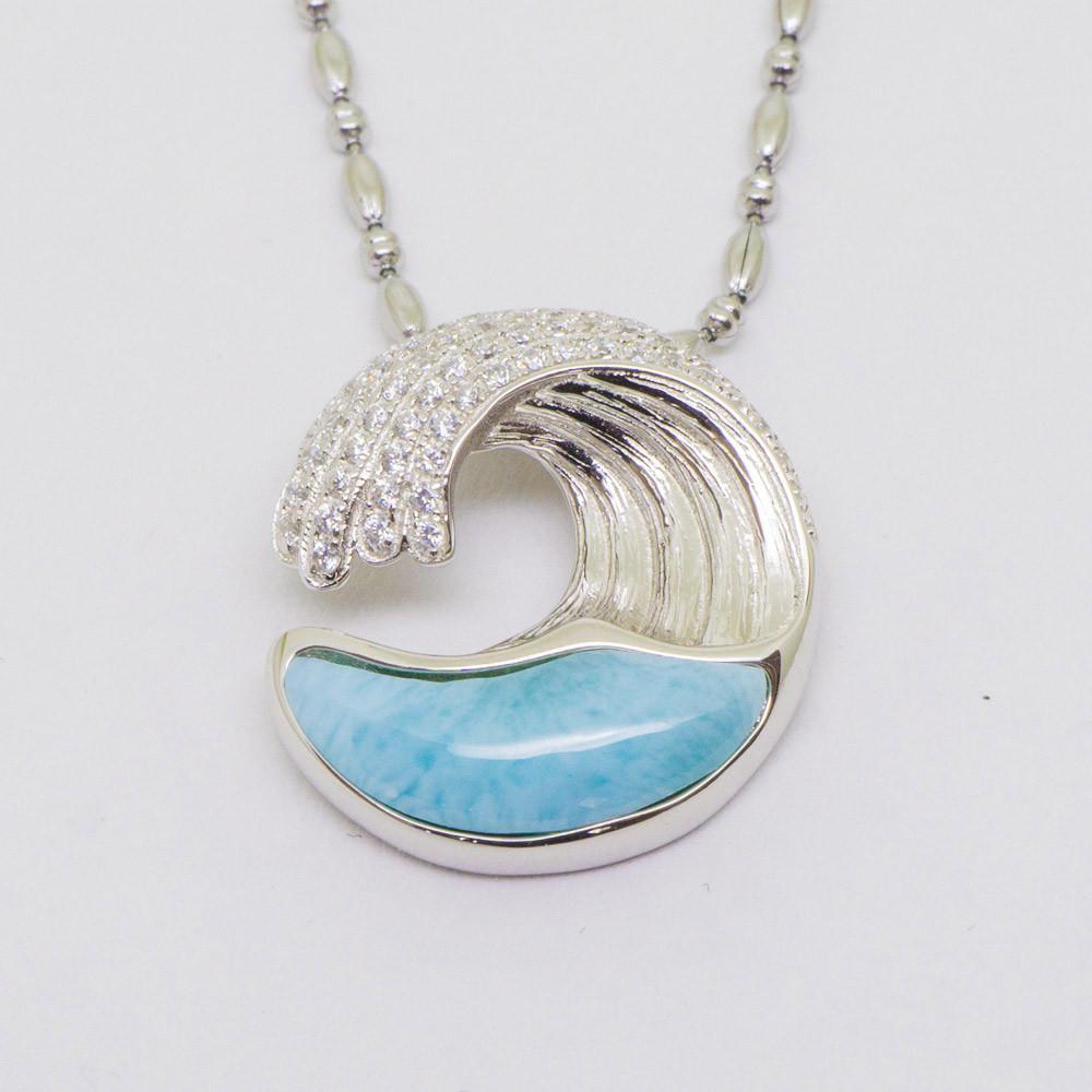 Larimar Inlaid Sterling Silver Wave Pendant with Cubic Zirconia Stones