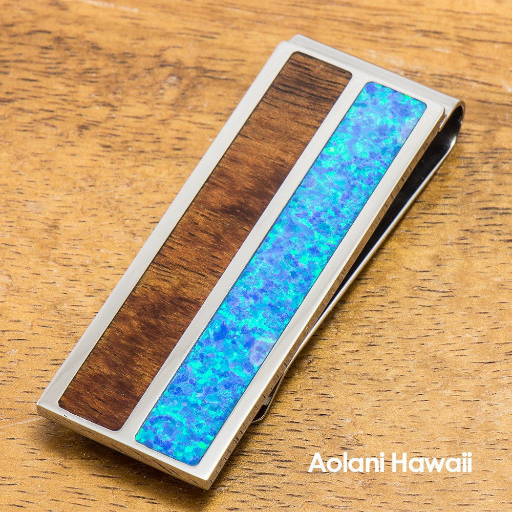 Stainless Steel Money Clip With Koa Wood and Opal Inlay – Aolani Hawaii