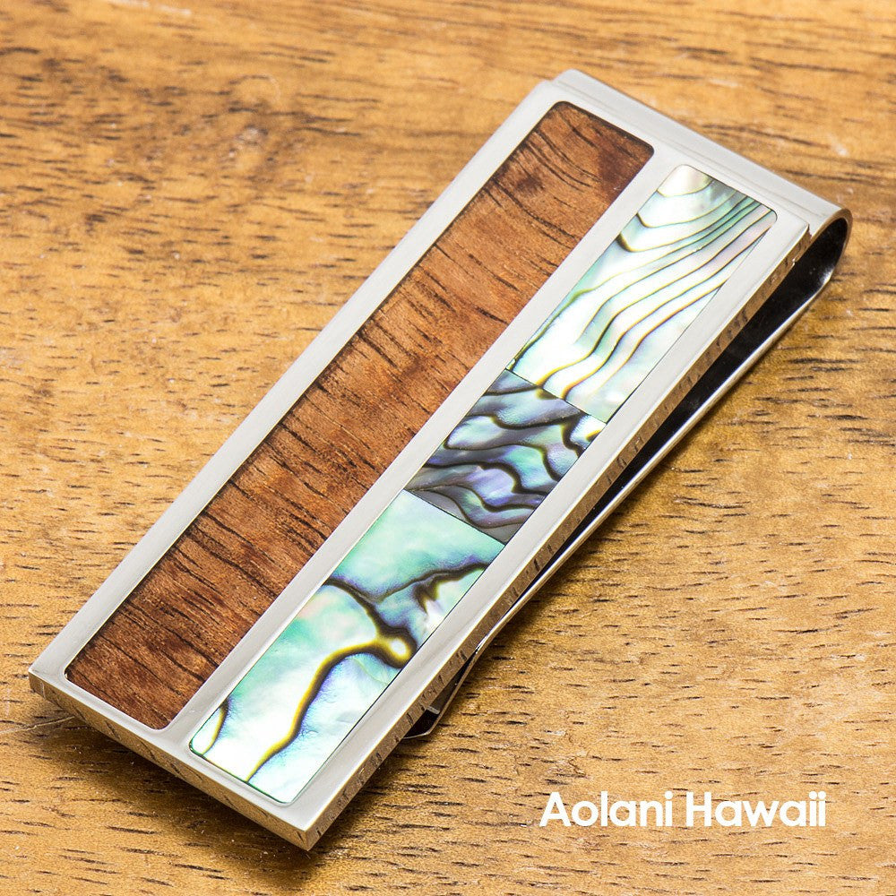 
            
                Load image into Gallery viewer, Stainless Steel Money Clip With Koa Wood and Abalone Inlay - Aolani Hawaii - 1
            
        